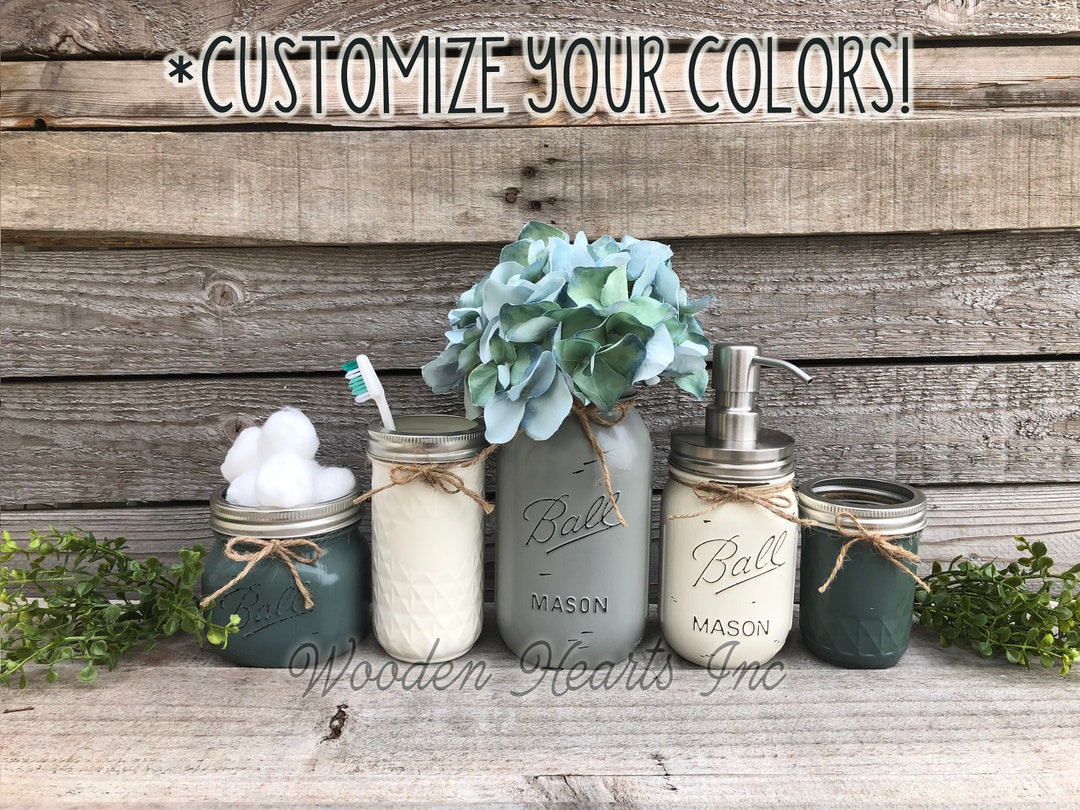 Bathroom Counter Mason Canning JARS 5 Piece SET, Soap Dispenser Makeup ...