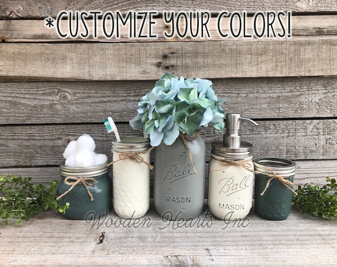 Bathroom Counter Mason Canning JARS 5 piece SET, Soap Dispenser Makeup Quart Vase Toothbrush Cotton Ball Holder Jar Painted Kitchen Decor