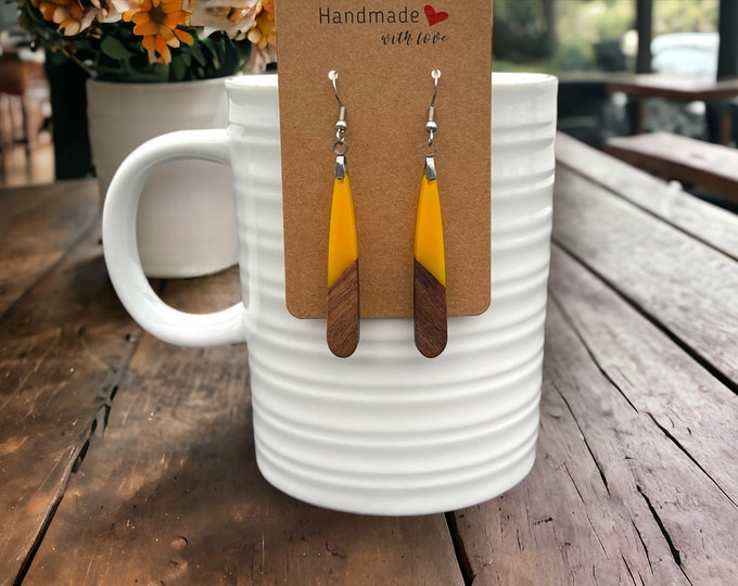 EARRINGS Natural Wood + Yellow Resin [Long Narrow] Stainless steel Hypo-Allergenic Hooks [ Hanging Dangle Boho] Light weight Wood Gift