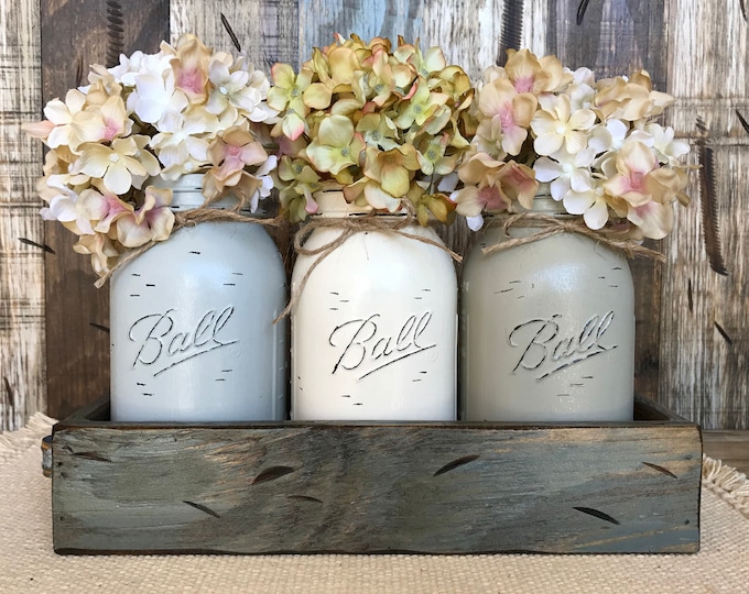 MASON Jar Decor Centerpiece (Flowers optional) -Antique Wood TRAY Rusty Handles- 3 Ball Canning Painted QUART Jars Distressed Red White Blue