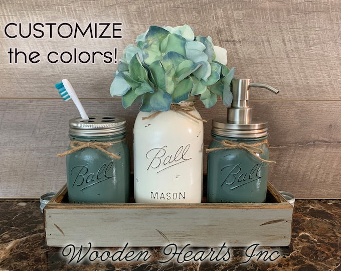 Bathroom Jar Counter Mason SET in Dove GRAY TRAY, Toothbrush Holder Quart Ball Vase Soap Dispenser Jars Distressed Decor Silver Bronze Brass