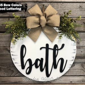 Bathroom Wall Decor Farmhouse BATH 16&quot; Wood Round Sign Fall Wreath with Greenery Door Home Decorations Hanging White Gray