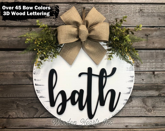 Bathroom Wall Decor Farmhouse BATH 16" Wood Round Sign Fall Wreath with Greenery Door Home Decorations Hanging White Gray