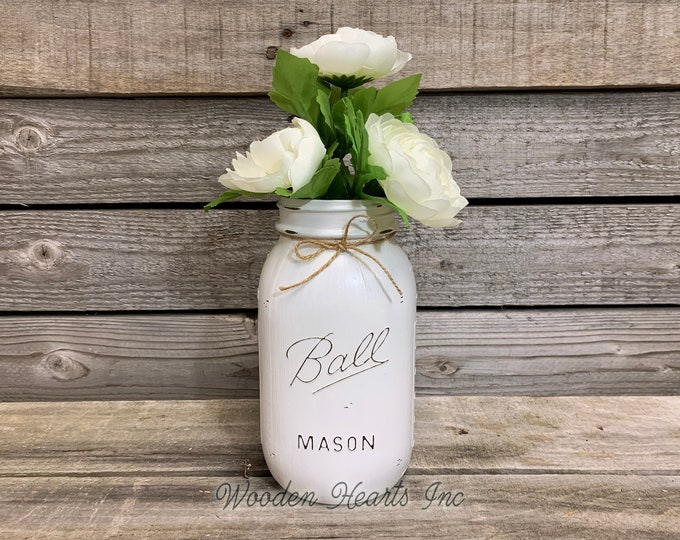 MASON Jar WEDDING Table Decor Distressed Ball QUART Painted White Tan Brown Gray Teal Blue *Great for Centerpiece (Flower Optional)