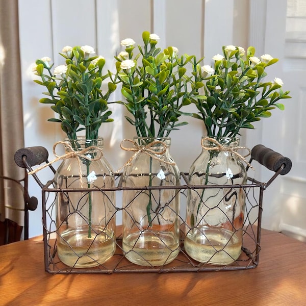 Farmhouse Chicken Wire Tray with Glass Bottles, Jute Bows