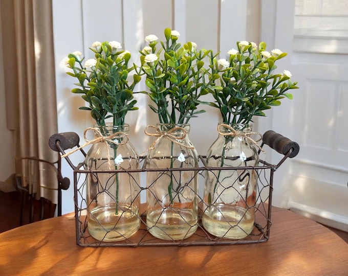 Shelf Decor Chicken Wire Tray with 3 Glass Bottles *Floral Arrangement *Farmhouse Home bathroom living room bedroom *Metal, Handle, Jars
