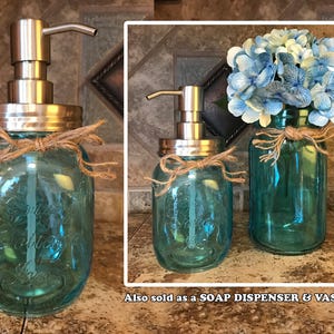 Jar Soap Dispenser Stainless Steel Silver *Clear SAPPHIRE Blue *Twine *Kitchen Bathroom Decor *Liquid Dish Soap Hand Lotion *Country Cottage