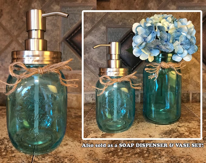 Jar Soap Dispenser Stainless Steel Silver *Clear SAPPHIRE Blue *Twine *Kitchen Bathroom Decor *Liquid Dish Soap Hand Lotion *Country Cottage