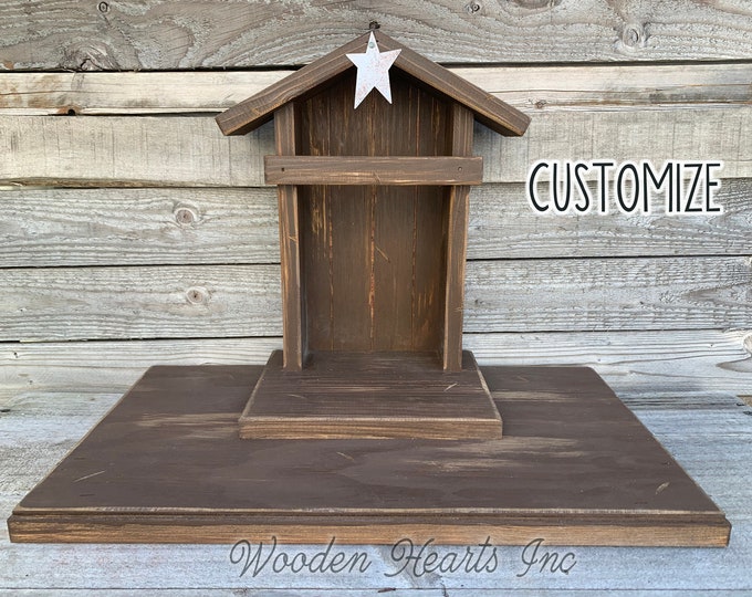 Nativity STABLE Wood CRECHE fits Willow Tree Angels *Lighted Christmas Decor Personalized Baby Manger Angel Stand Lights Green White Brown