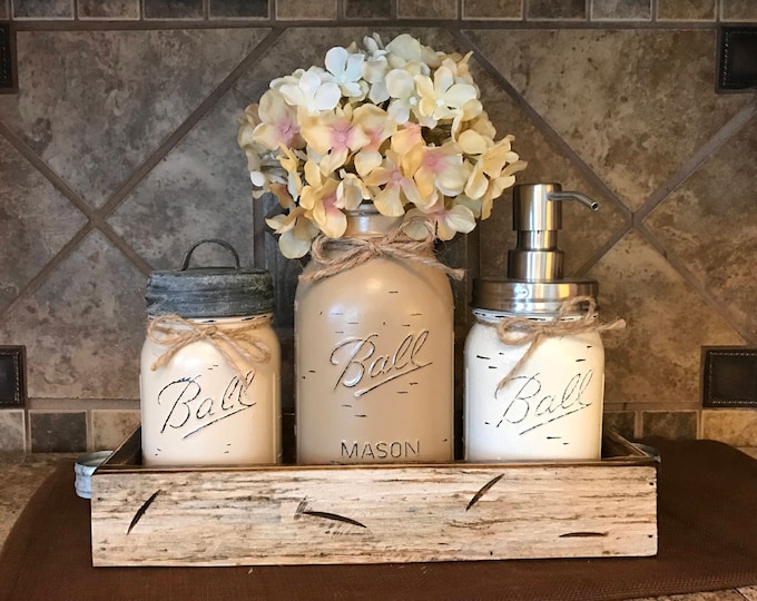 MASON Jar Kitchen or Bathroom SET in Antique White Pint TRAY, Canister, Quart Utensil Holder Vase, Soap Dispenser, Painted Jars Distressed