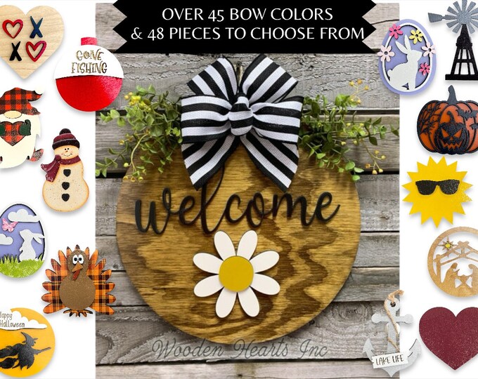 Door Hanger Spring Wreath Year Round Welcome Bow Front Door Decor + Interchangeable Season Changer Piece 14" Sign, Hello Dragonfly Heart