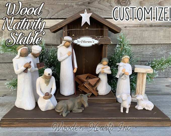 STABLE WOOD CRECHE fits Willow Tree Angels *Nativity Distressed Christmas Decor *Optional Personalized Sign Lights Baby Manger Angel Stand