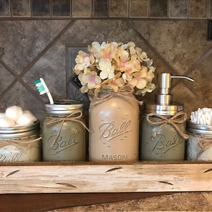 MASON Jar Bathroom Decor Antique White TRAY SET, Cotton Ball, Toothbrush Holder, Quart Vase with Flower, Soap Dispenser, Mini Q-tip Jars