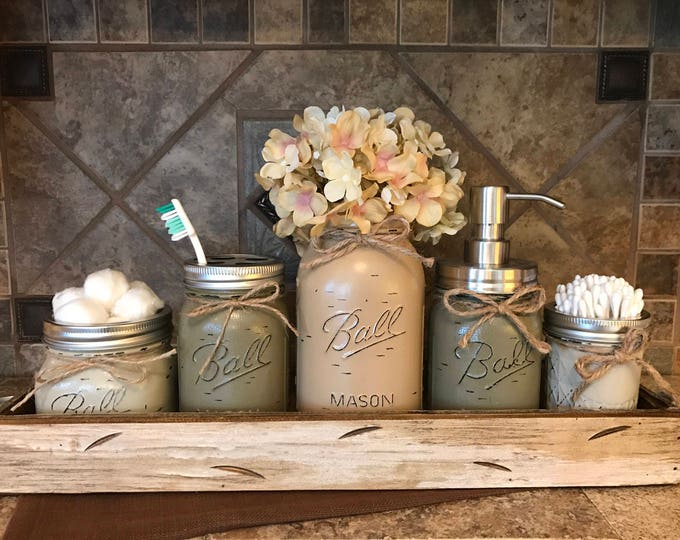 MASON Jar Bathroom Decor Antique White TRAY SET, Cotton Ball, Toothbrush Holder, Quart Vase with Flower, Soap Dispenser, Mini Q-tip Jars