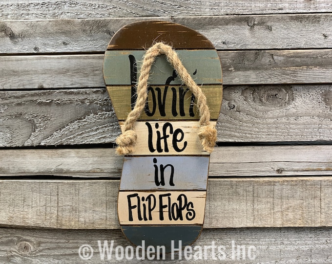 SIGN Lovin Life in FLIP FLOPS Flop Reclaimed wood Pallet Wall Beach House Ocean Summer Lake Wooden Cutout Shaped Decor Green Blue Tan Cream