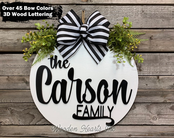 Personalized Door Hanger Welcome Wreath + Custom Family Last Name, Bow Greenery Front Decor Everyday 16" Round, Fall Sign, Personalized Gift