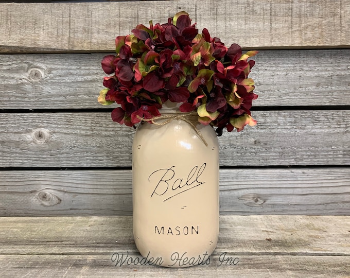 MASON JAR Decor Distressed Ball QUART Hand Painted Reclaimed Cream White Tan Brown Gray Teal Blue *Great for Centerpiece Flower (Optional)