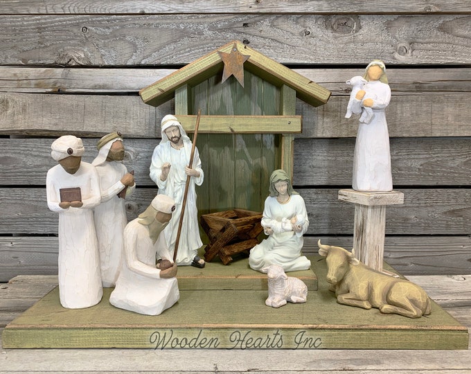 Willow Tree Compatible STABLE WOODEN Nativity CRECHE *Lighted Christmas Decor [Custom Sign Baby Manger Angel Stand Lights are Optional]