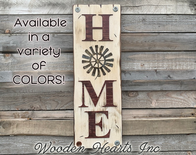 Windmill Wall Decor Sign Home Vertical, Indoor Outdoor Farmhouse Welcome, Rustic Distressed Wood *Antique Red White Brown Blue Tall Xl Large