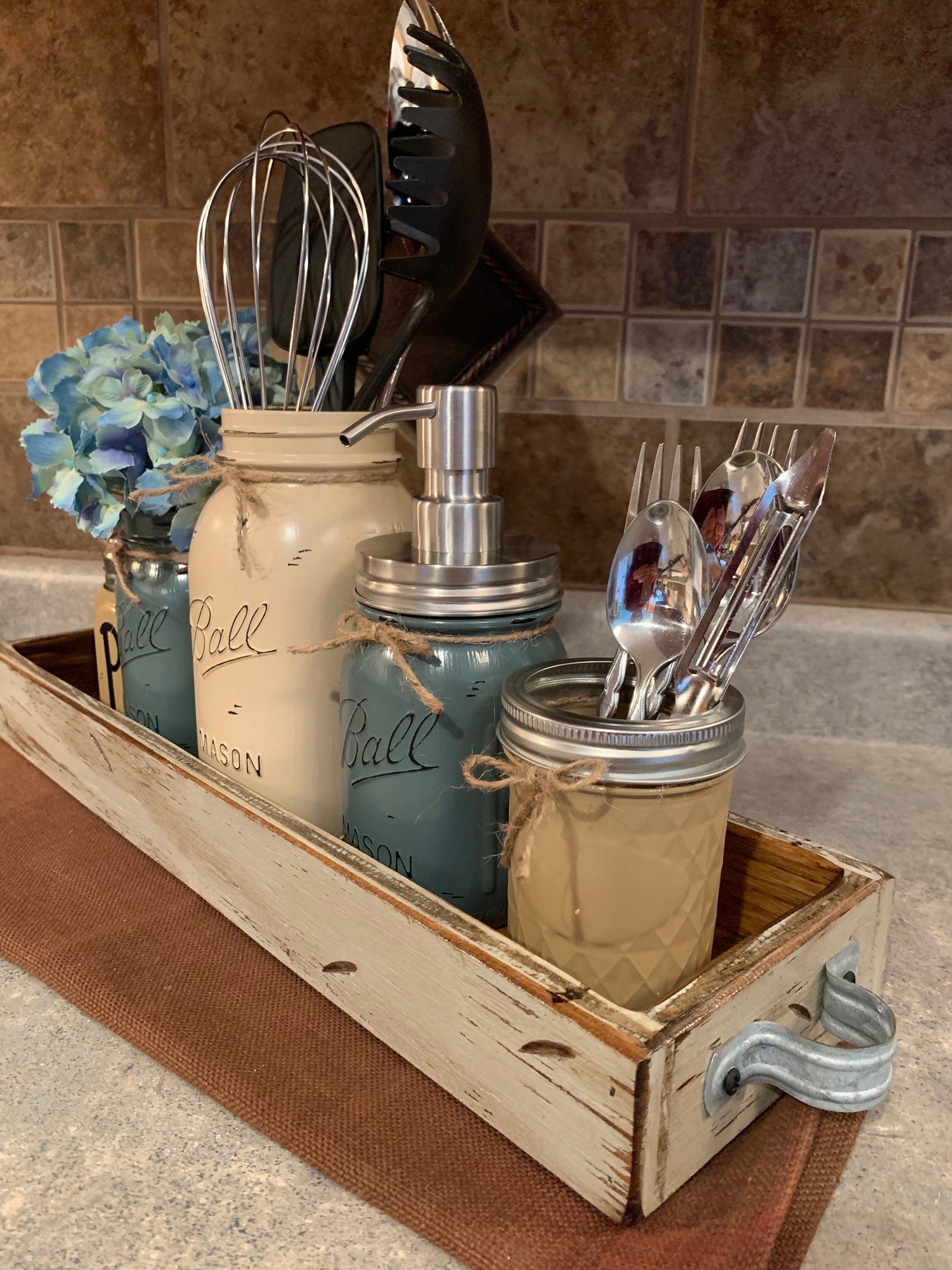 MASON Jar Kitchen Decor Antique Wood TRAY SET, Salt ...