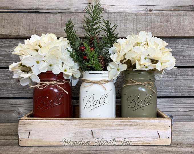 Mason Jar CHRISTMAS HOLIDAY Tray Centerpiece with Jars, Pine Winter Centerpiece, Holiday Decor, Christmas Gift, Kitchen Table Decor, Gift