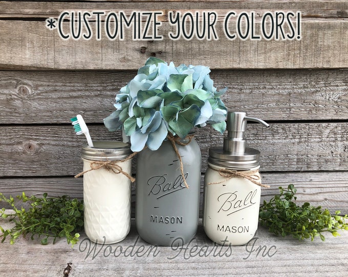 MASON JAR Bathroom Decor SET 3 piece, Soap Lotion Pump Dispenser Makeup Brush Quart Vase Toothbrush Holder Painted Ball Jars Kitchen Counter