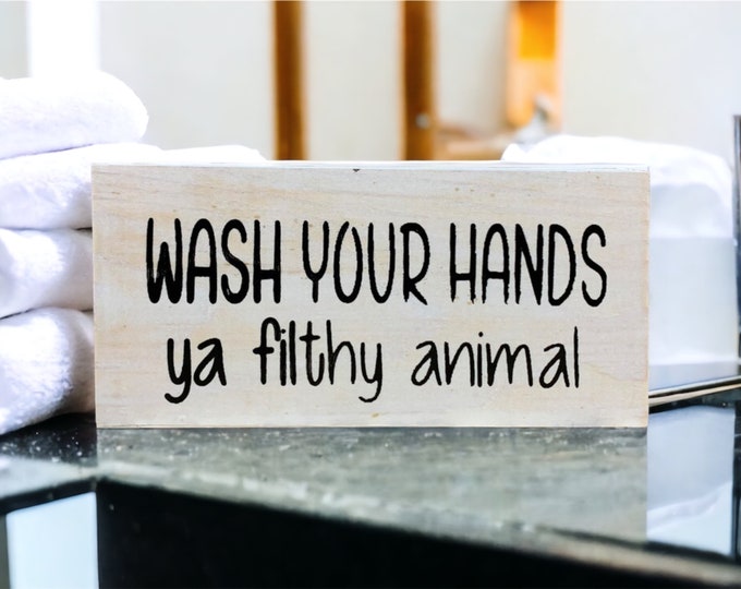 BATHROOM Sign BLOCK Brush, Floss, Wash, Flush, Save Water Shower Together, Nice Butt, Wash your hands, Get Naked 3x6 White Wood decor