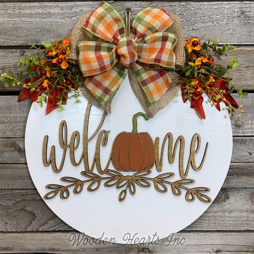 FALL Door Hanger Wreath WELCOME Pumpkin Wood Round Sign - Etsy