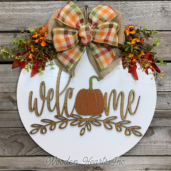 FALL Door Hanger Wreath WELCOME Pumpkin, Wood Round Sign 16", 3D Wood Lettering Bow Leaves, Orange Brown, Fall Decor, Fall Door Hanger, Gift