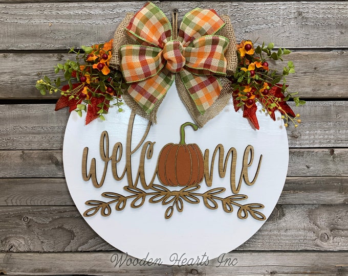 FALL Door Hanger Wreath WELCOME Pumpkin, Wood Round Sign 16", 3D Wood Lettering Bow Leaves, Orange Brown, Fall Decor, Fall Door Hanger, Gift