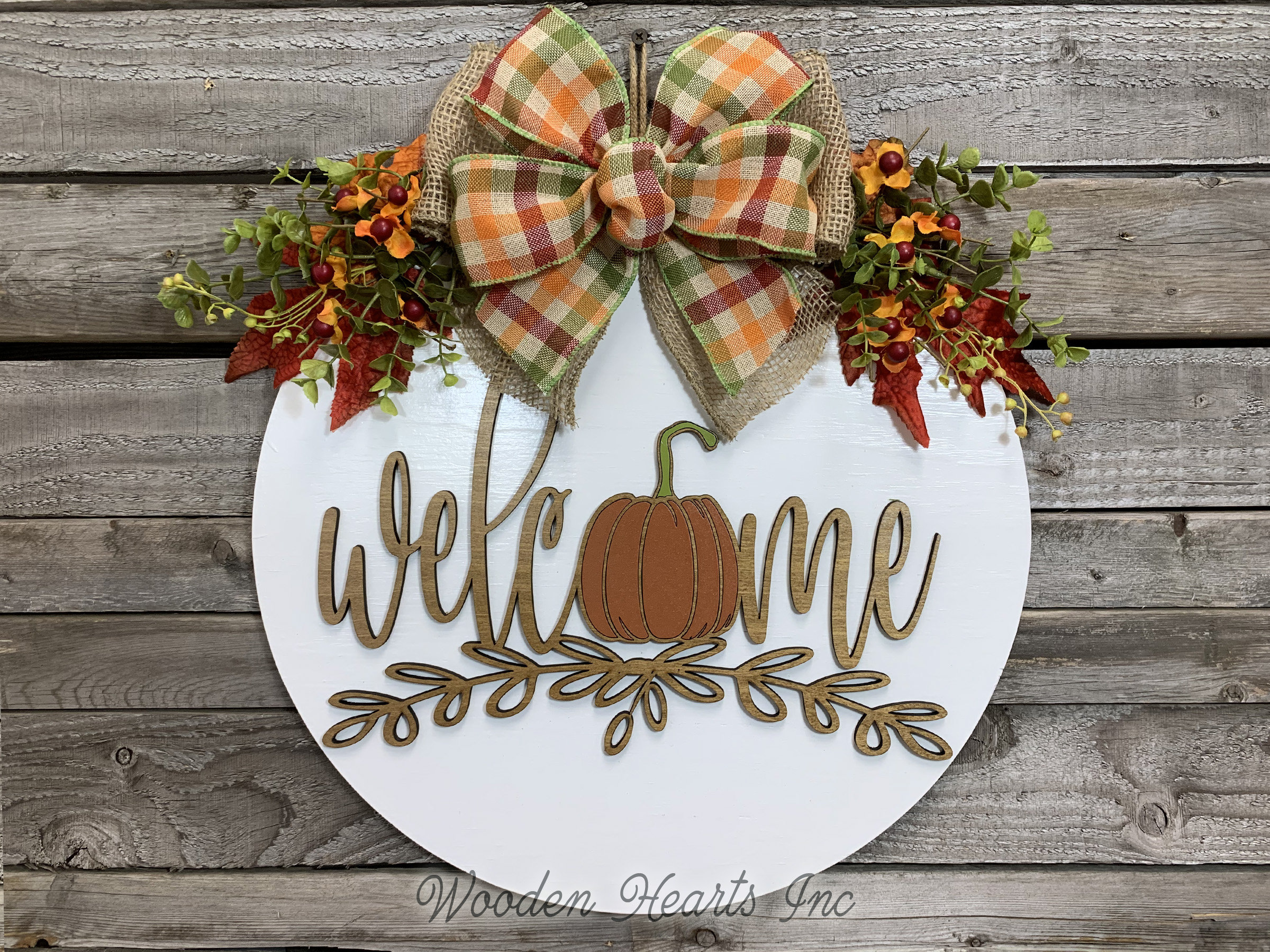 FALL Door Hanger Wreath WELCOME Pumpkin Wood Round Sign 16 3D Wood Lettering Bow Leaves Orange Brown Fall Decor Fall Door Hanger Gift Etsy