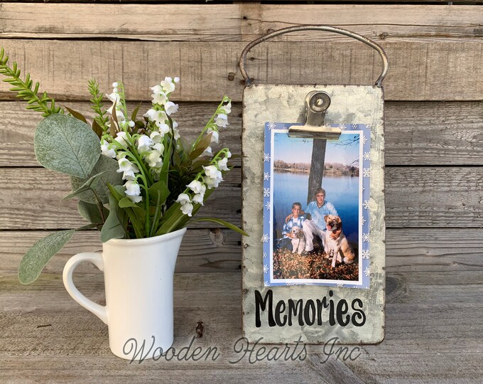 Memories Picture Frame PHOTO HOLDER Metal Antique Cheese Grater with Clip Free Standing Table top 4x6 photos Vintage Rustic Silver Blessings