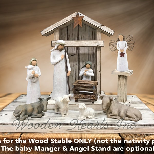 Nativity STABLE Wood CRECHE for Willow Tree Angels *Lighted Distressed Christmas Decor *Personalized Sign Lights Baby Manger Angel Stand