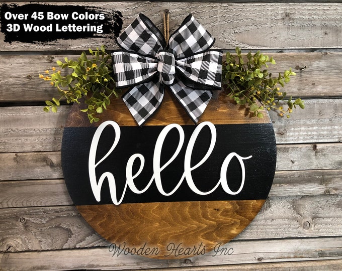 Front Door Decor, HELLO Hanger 16" Round with STRIPE, 3D Wood Wreath Bow Ribbon Greenery, Everyday Wall Sign, Fall Door Sign, Fall Gift