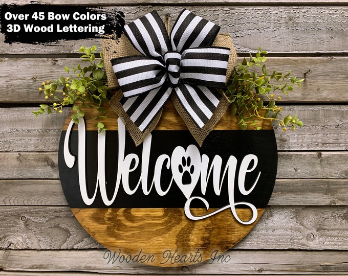 Pawprint WELCOME Sign Front Door Hanger 16" Round with STRIPE, 3D Wood Wreath Bow Ribbon + Greenery, Everyday Sign, Fall Door Sign, Gift