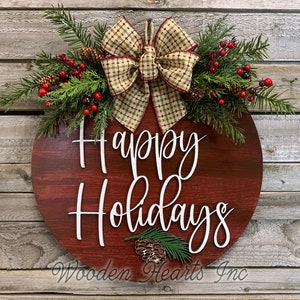 Happy Holidays Door Hanger Wreath, 16 Wood Round Pinecone Sign Greenery, Merry Christmas, Seasons Greetings, 3D Wood Lettering, Xmas Gift image 9