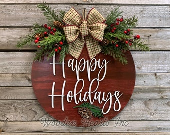 Happy Holidays Wood Door Hanger, 3D Lettering Pinecone Wreath, 16
