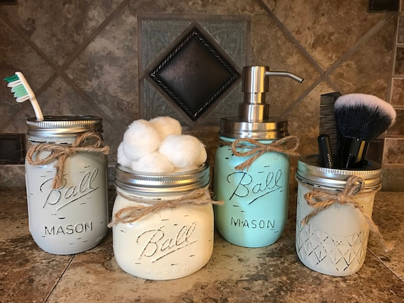 Ball Mason Jar BATHROOM SET in Antique WHITE Tray ~Cotton Ball Soap Dispenser Q-Tip Holder ~Canning JARS PAINTED Distressed Pint ~Stainless Steel Silver ~Accessories ~Gray Blue Green Cream Tan Brown