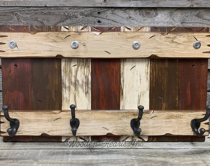 COAT RACK Wall with Metal 4 Hooks Rustic Reclaimed Distressed Sturdy Wood Cabin Entryway Bathroom Office Red Blue Brown Burgundy Log 28"