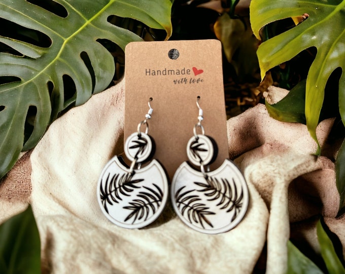 EARRINGS Tropical Leaf 2 piece [White Black] Stainless steel Hypo-Allergenic [ Hanging Dangle Boho] Light weight Wood Holiday Gift