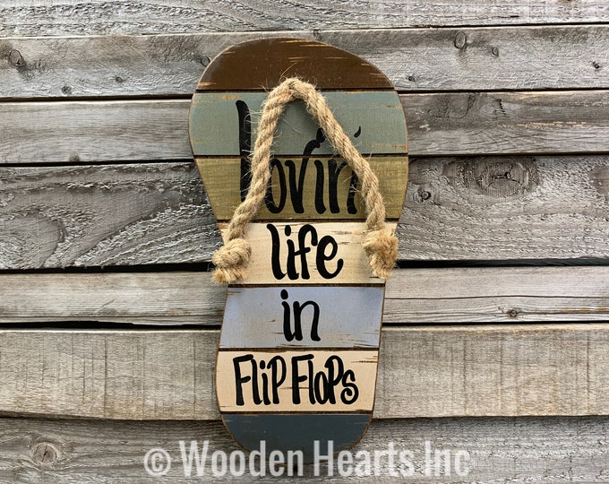 SIGN Lovin Life in FLIP FLOPS Flop Reclaimed wood Pallet Wall Beach House Ocean Summer Lake Wooden Cutout Shaped Decor Green Blue Tan Cream