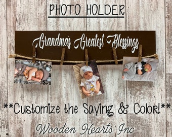 PHOTO Holder Sign GRANDMAS MOMS Greatest Blessings Wood 5 Picture Frame Gift for Grandma Mom Grandkids Family Rustic Clothes Pins Clips