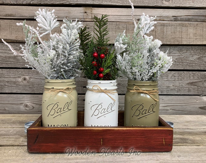 Mason Jar Centerpieces CHRISTMAS HOLIDAY Tray with Jars, Wood Tray + 3 Pint Holiday Jars, Xmas Gift, Kitchen Centerpiece, (Florals optional)