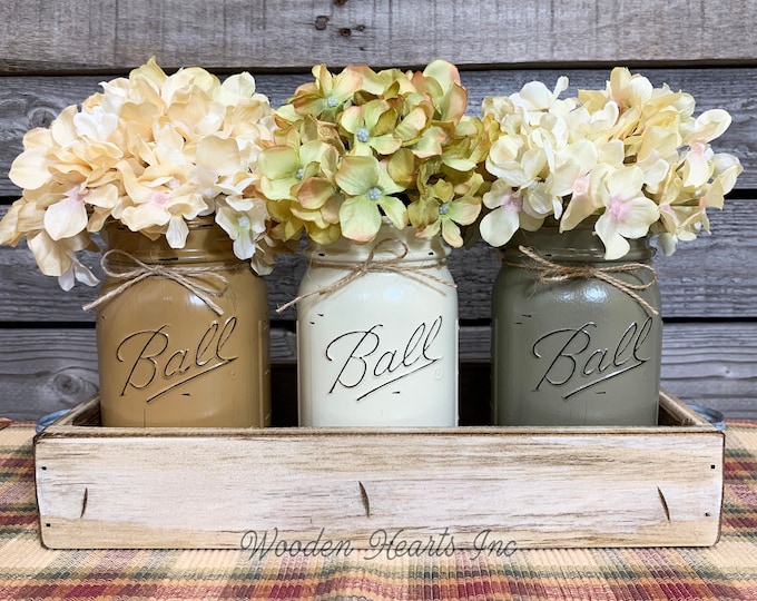 FALL MASON Jar Decor for Thanksgiving Centerpiece, Antique Wood Tray + 3 Painted Pint Jars, Kitchen Table Centerpiece, (Flowers optional)