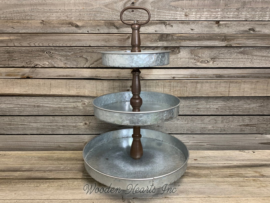 Tiered Stand Galvanized Metal Kitchen Bathroom Decorative Display Tray,  Makeup Fruit Veggies Organizer, Country Farmhouse Cupcake Holder