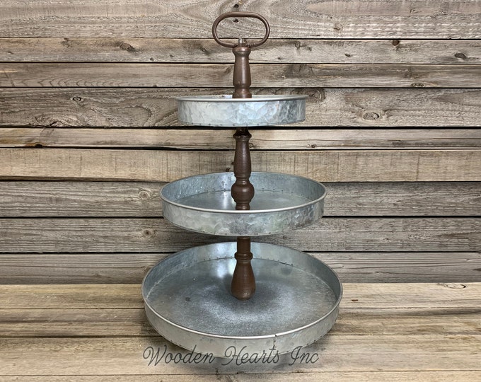 3 Tiered Stand Galvanized Metal Kitchen Bathroom Decorative Display Tray, Makeup Fruit Veggies Organizer, Country Farmhouse Cupcake Holder