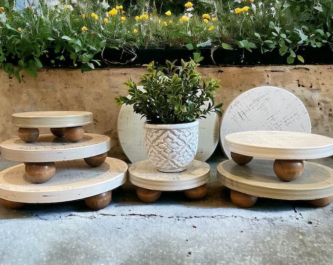 Wood Riser Pedestal Stand-Rustic Distressed Farmhouse Style-Plant Stand, Soap Dispenser Tray, Table Centerpiece-Round-Kitchen Bathroom