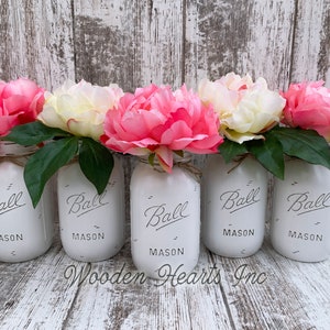 WEDDING DECOR Mason Jar Head Table Distressed Ball QUART Centerpiece Bridal Baby Shower White Gray Pink *Peony / Hydrangea Flower Optional