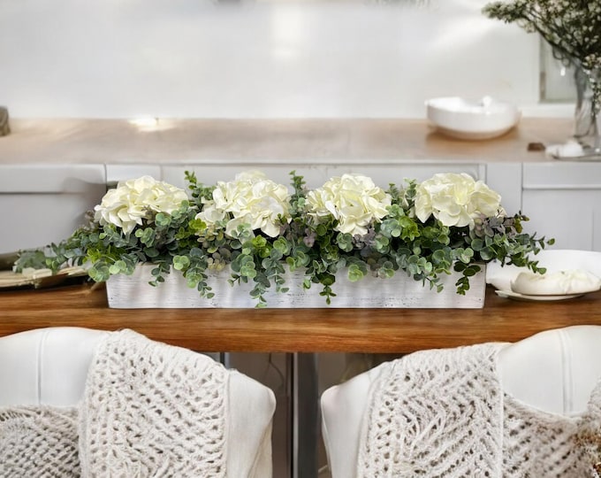CUSTOM Centerpiece Planter Box Table Modern Farmhouse [Kitchen Island  Sofa Table Dining room Mantle Coffee Table]Floral Hydrangea Boxwood