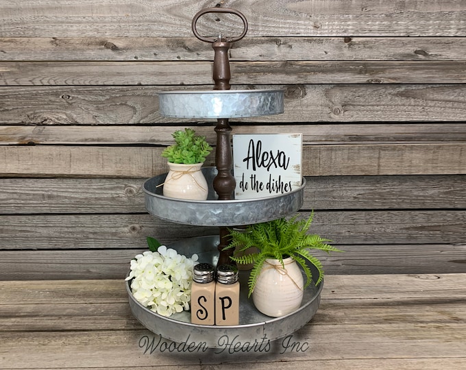 3 Tiered Stand Galvanized Metal Kitchen Bathroom Decorative Display Tray, Makeup Fruit Veggies Organizer, Country Farmhouse Cupcake Holder